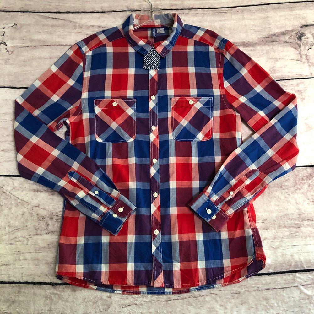 H&M Divided Shirt Mens M Red White Blue Plaid Button Up Cotton Long Sleeve New
